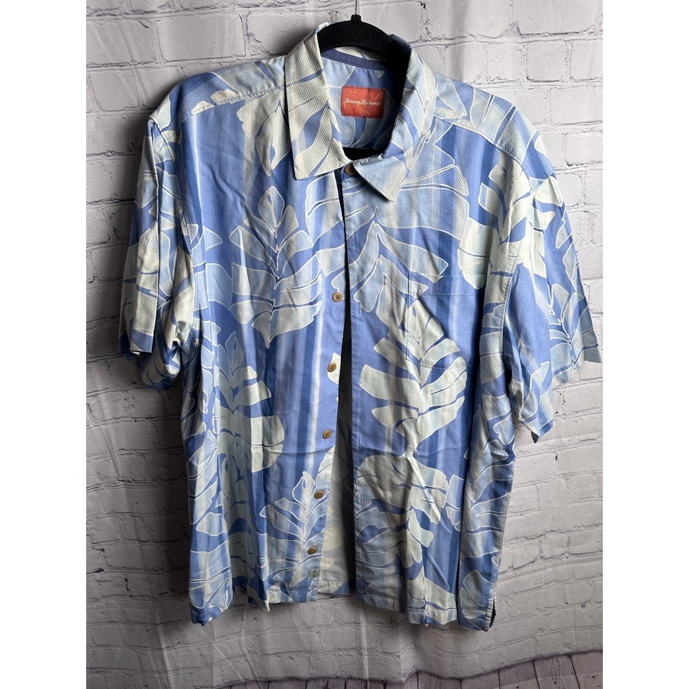 Tommy Bahama Floral Camp Shirt Button Up Short Sleeve Blue Size L